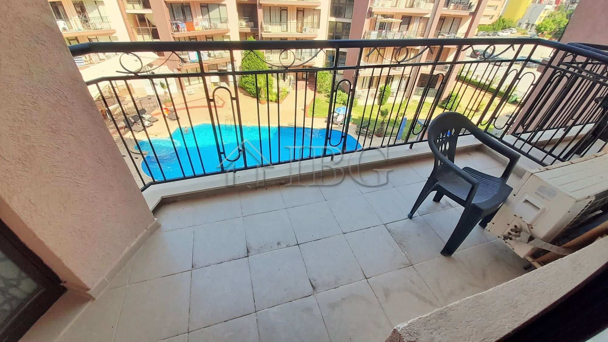 Balcony view of pool and complex in Sunny Beach, Bulgaria.