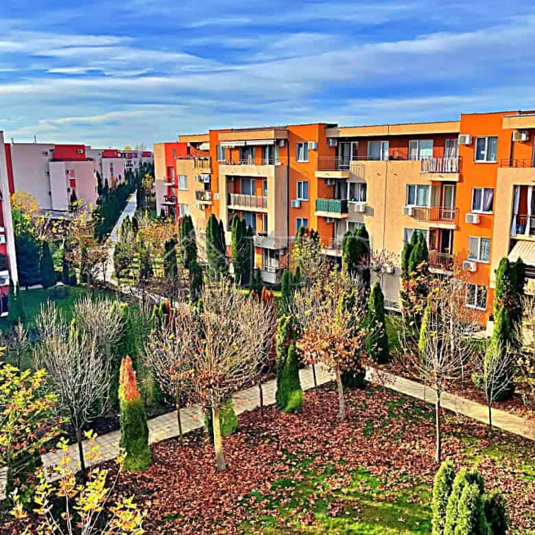 Pool view of a modern apartment complex in Sunny Beach.