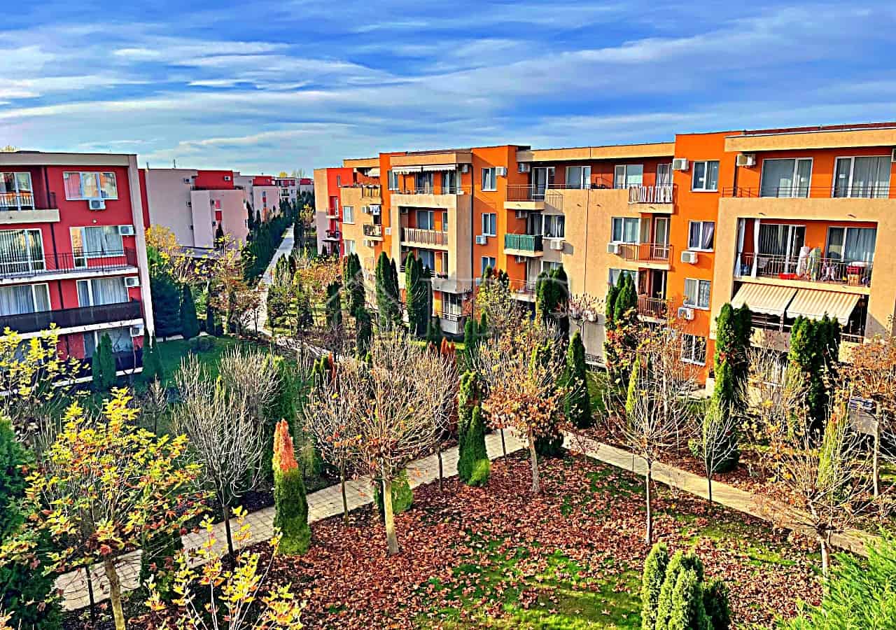 Pool view of a modern apartment complex in Sunny Beach.