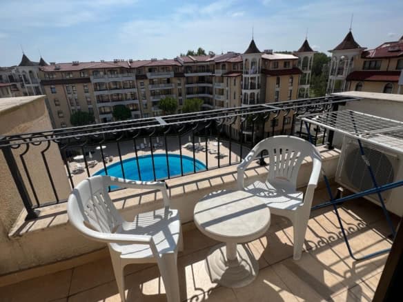 Balcony view of pool and surrounding apartments at Royal Sun, Sunny Beach.