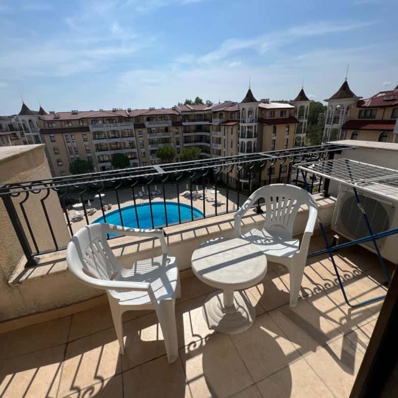 Balcony view of pool and surrounding apartments at Royal Sun, Sunny Beach.