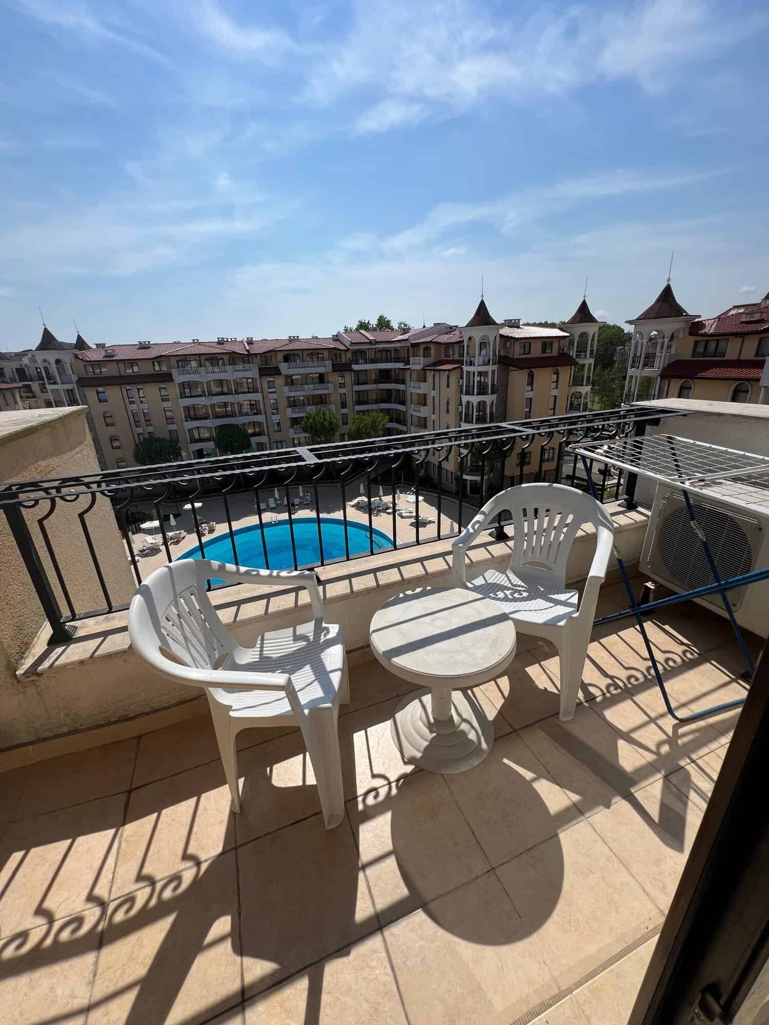 Balcony view of pool and surrounding apartments at Royal Sun, Sunny Beach.