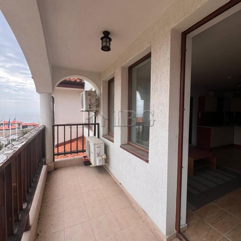 Balcony of a two-bedroom apartment overlooking the sea and pool in Kambani 3 Complex, Sveti Vlas.
