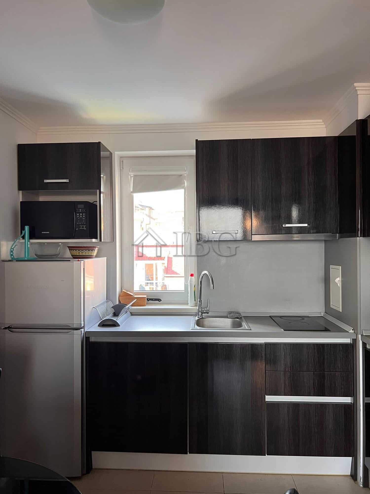 Compact kitchen with dark cabinets, microwave, and window view in Sveti Vlas apartment.