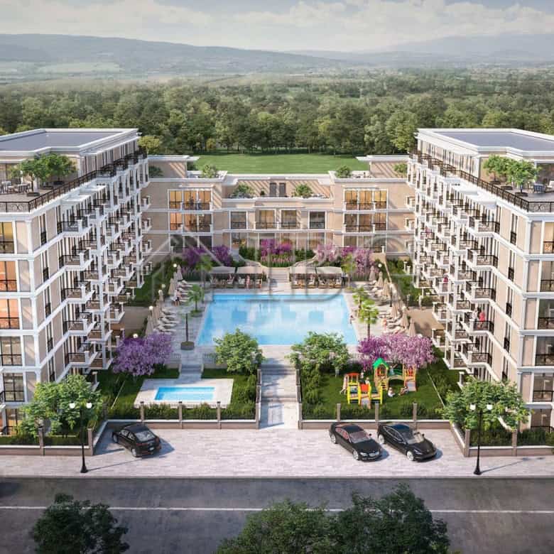 Aerial view of the Modern Emperium residential complex in Sveti Vlas with pool and landscaped garden.