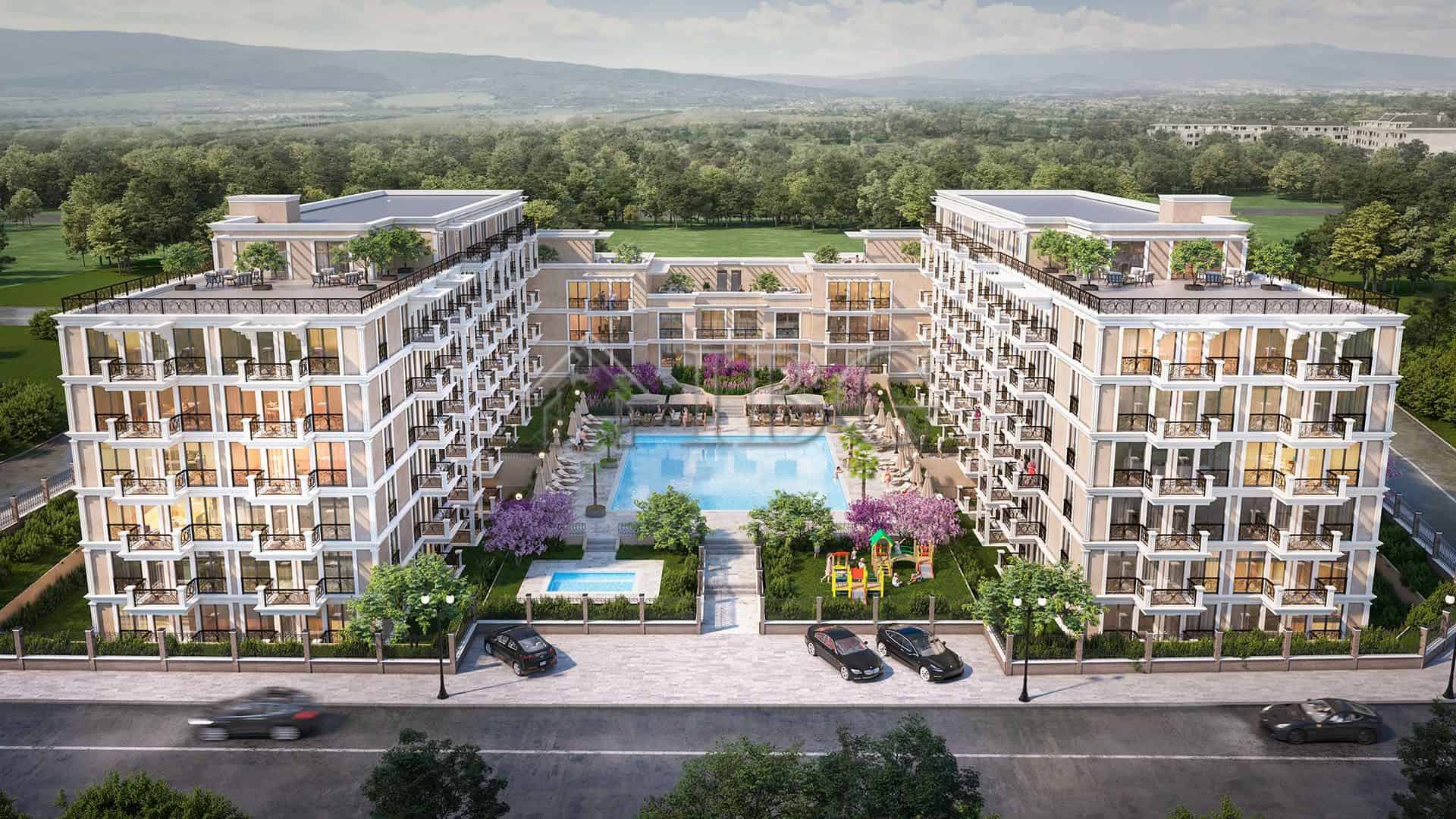 Aerial view of the Modern Emperium residential complex in Sveti Vlas with pool and landscaped garden.
