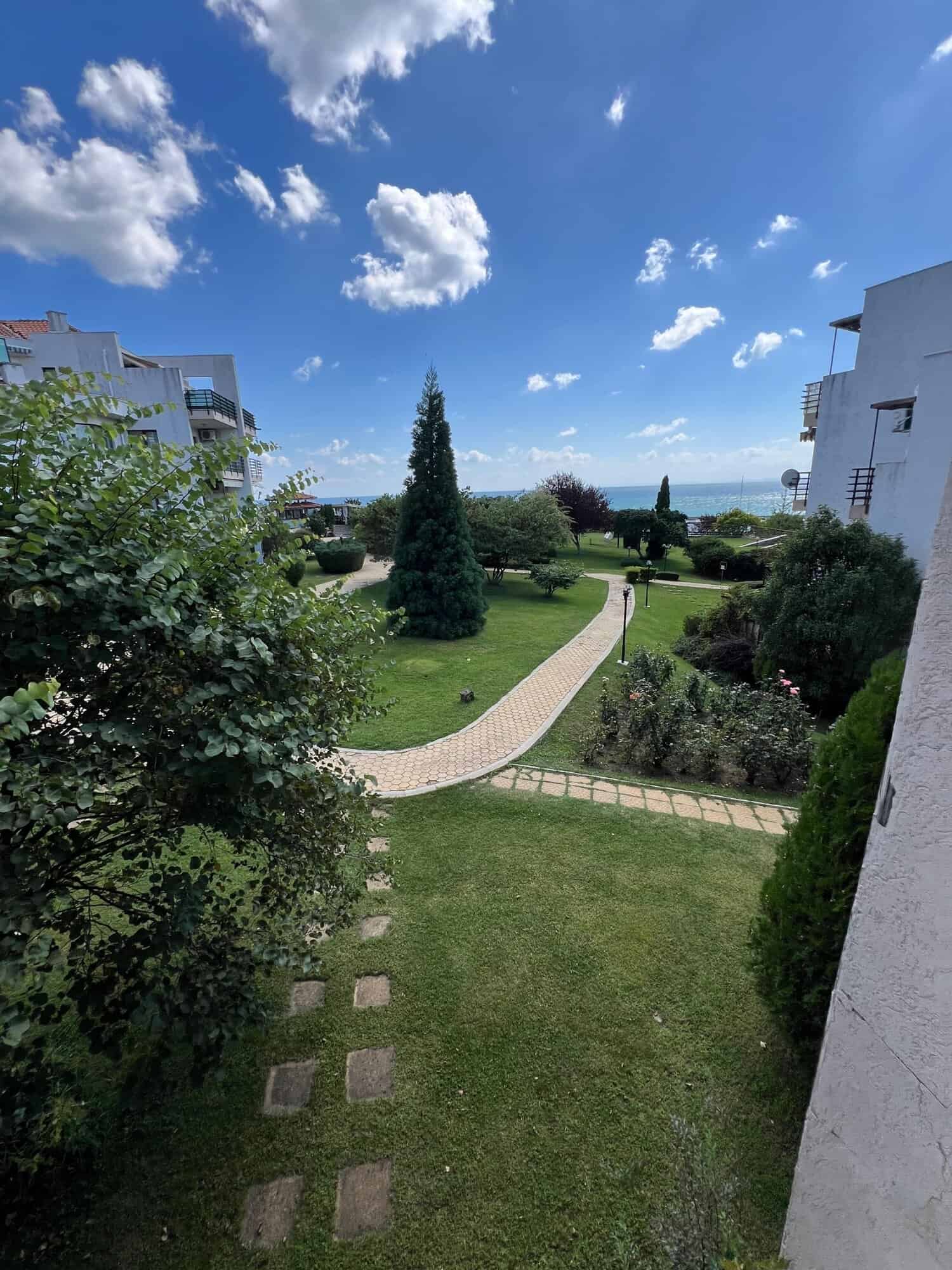 Garden view from apartment in Diamant Complex, Sveti Vlas, Bulgaria.