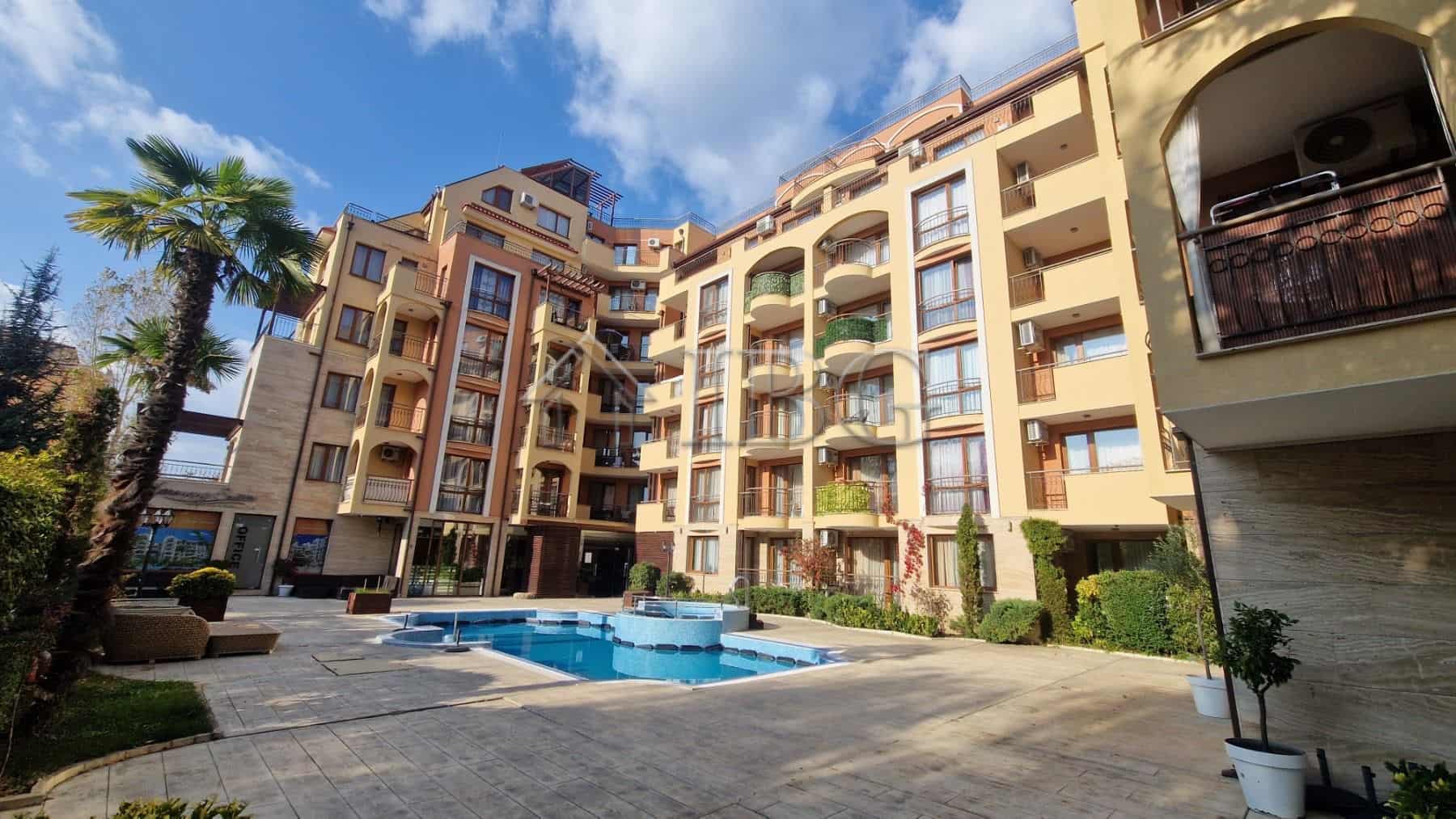 Apartment complex with pool view in Harmony Suites 1, Sunny Beach.