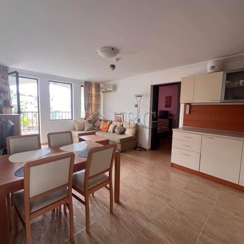 Spacious living room with sea and pool views in Kambani 3 complex, Sveti Vlas. Modern furniture and.