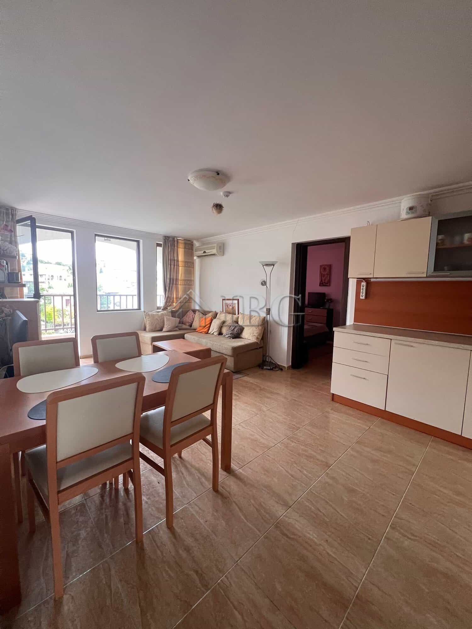 Spacious living room with sea and pool views in Kambani 3 complex, Sveti Vlas. Modern furniture and.
