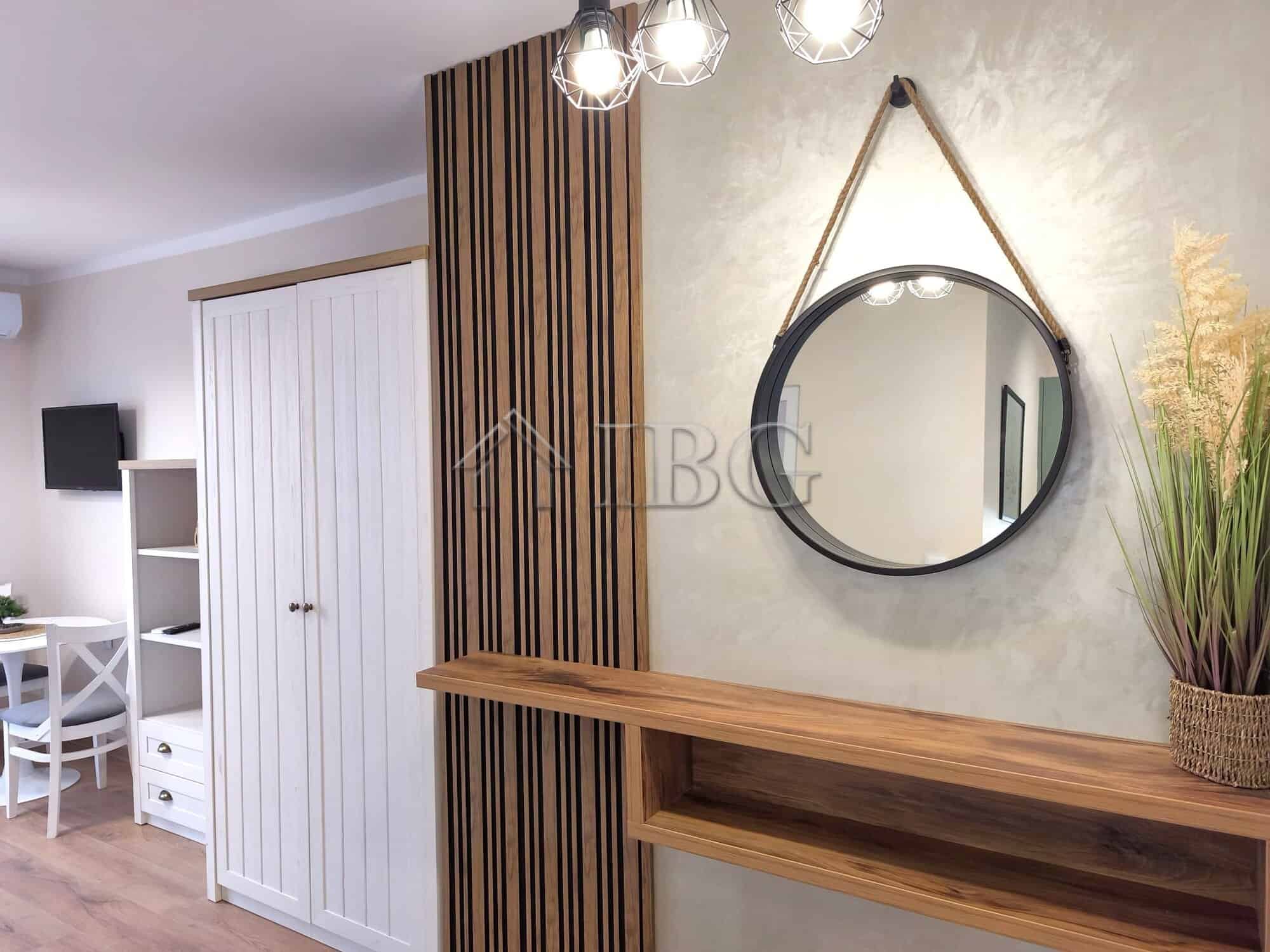 Furnished studio apartment with balcony overlooking the sea in Sveti Vlas, Bulgaria. Modern decor an.