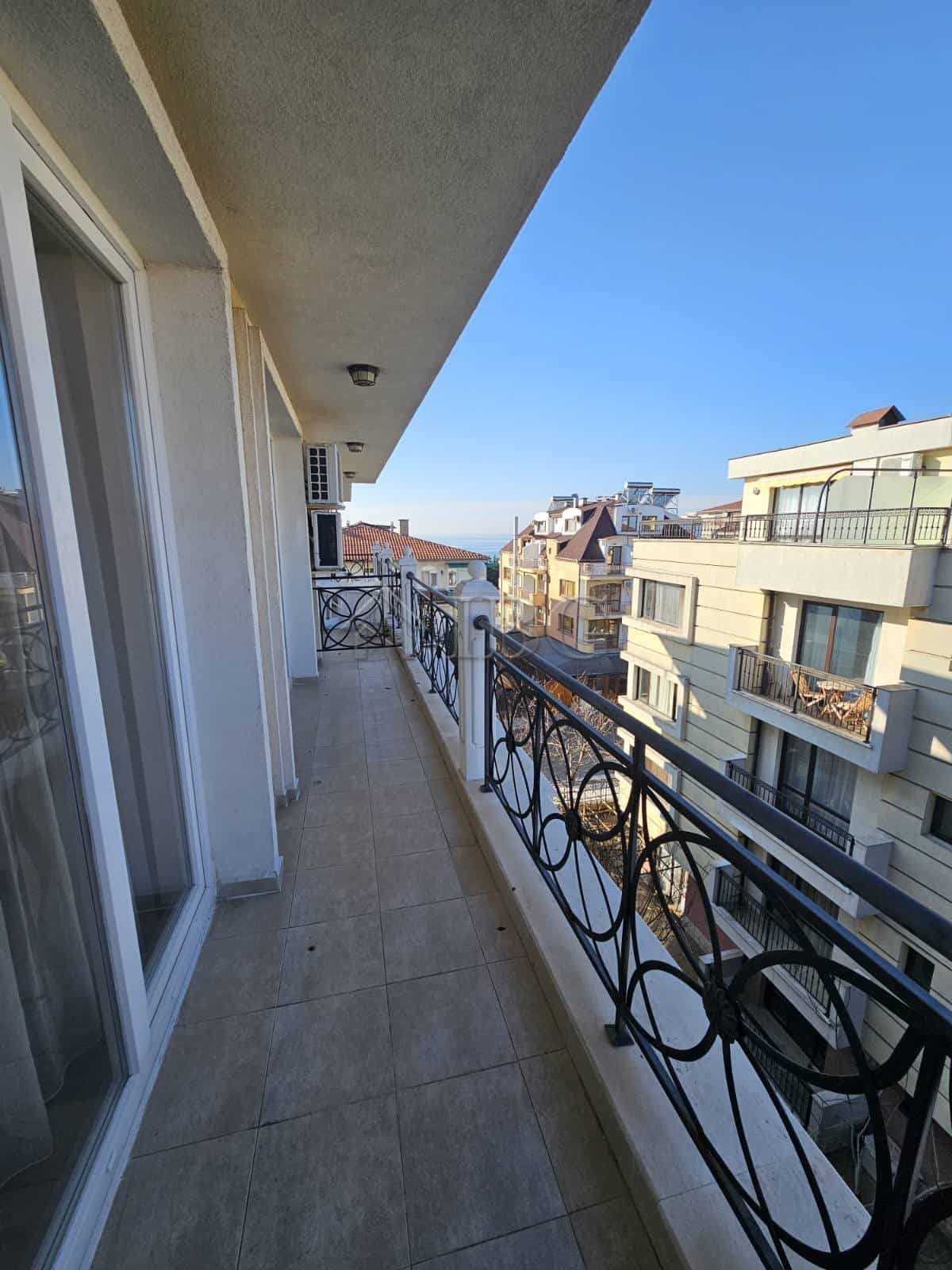 Balcony view from Villa Katerina apartment with partial sea view in Ravda.