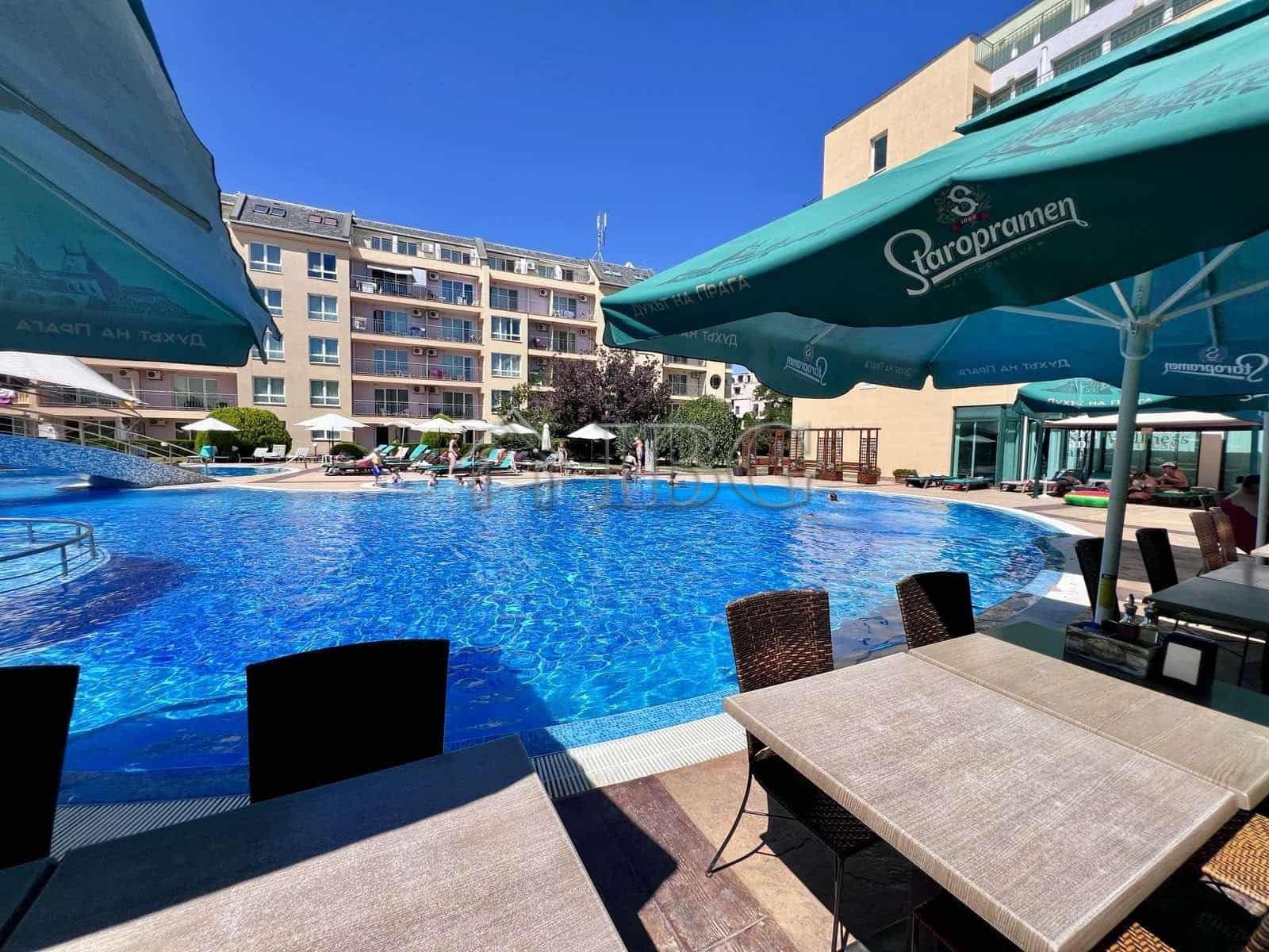 View of pool from cozy 1-bedroom apartment in Dolce Vita 2, Sveti Vlas.