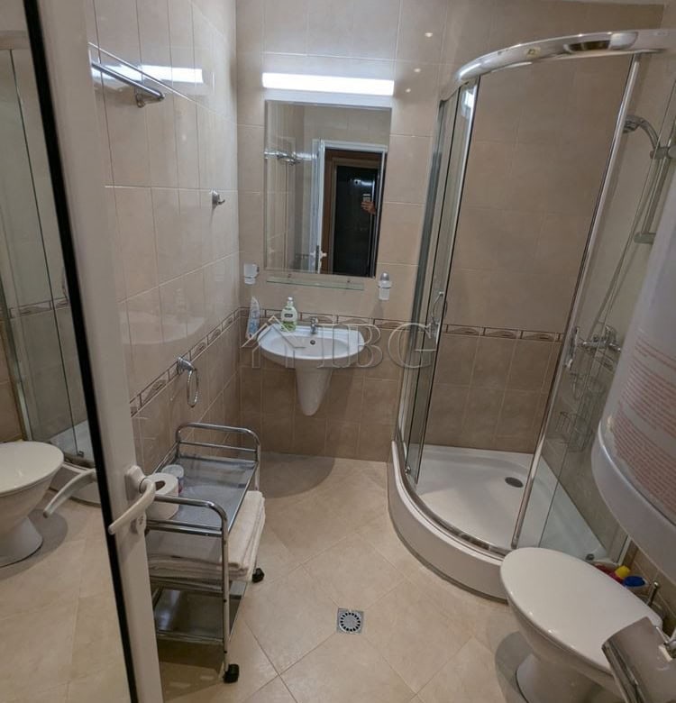 Bathroom with shower, toilet, and sink in Sveti Vlas apartment with modern fixtures.