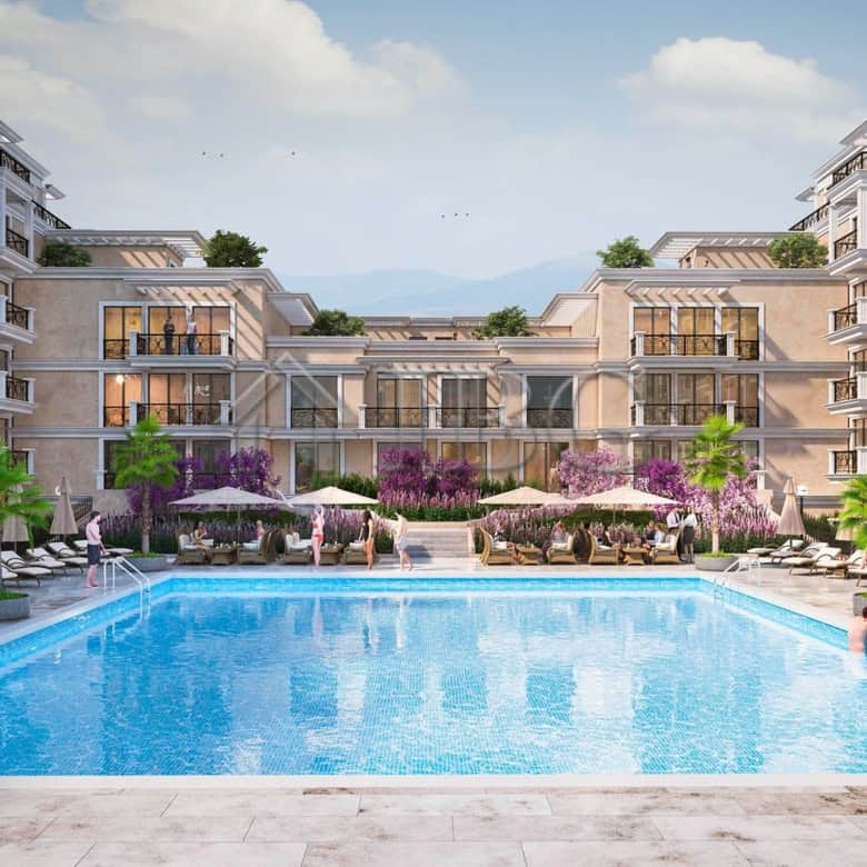 Pool area at the Modern Emperium Complex, Sveti Vlas, with luxurious amenities and scenic surroundin.