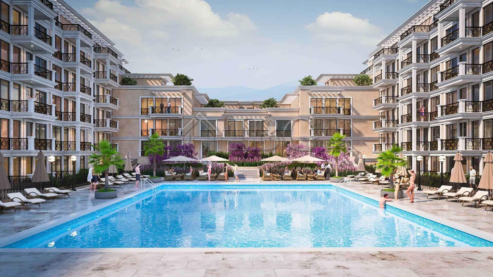 Pool area at the Modern Emperium Complex, Sveti Vlas, with luxurious amenities and scenic surroundin.