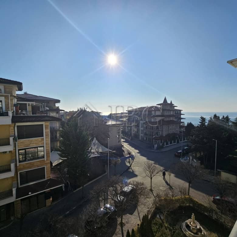 Bright view of Ravda coastline from Villa Katerina balcony.