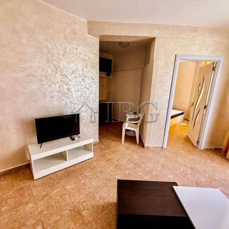Bright south-facing apartment with living area and TV.