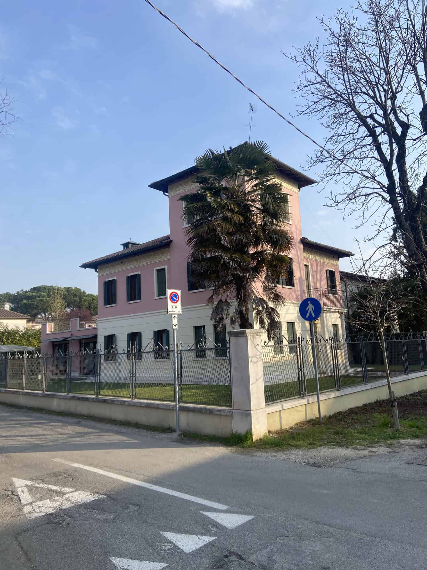 Elegant pink villa with lush garden and tall palm tree in a quiet neighborhood.