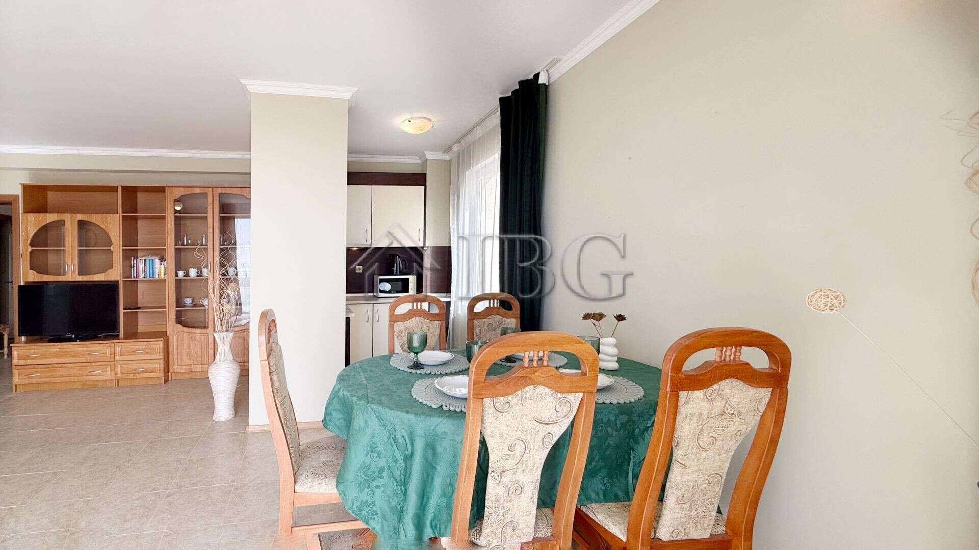 Bright dining area in a 2-bedroom apartment with sea view in Sveti Vlas, Bulgaria.