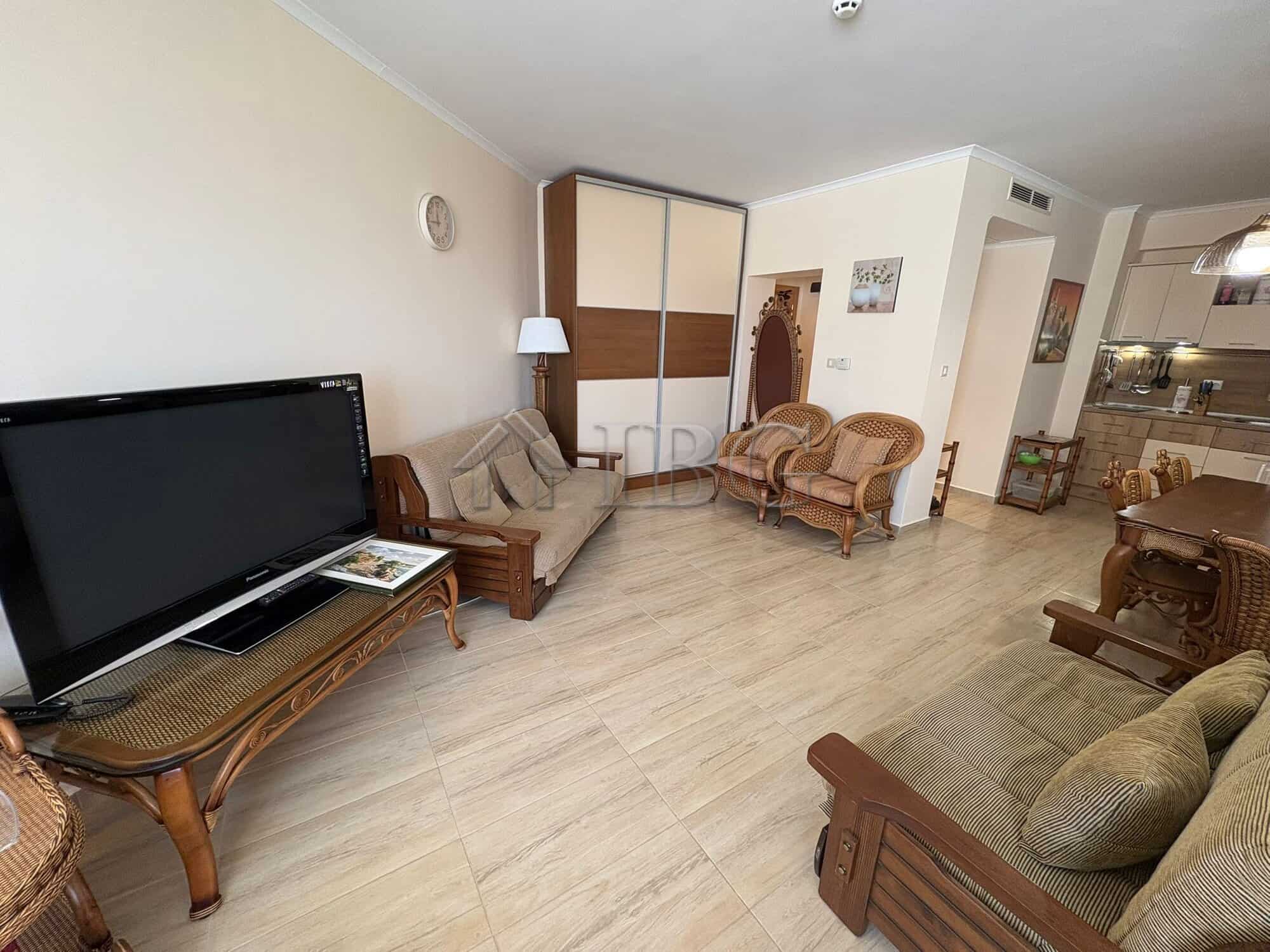 Bright living room with modern furniture and sea views in Sunny Beach.
