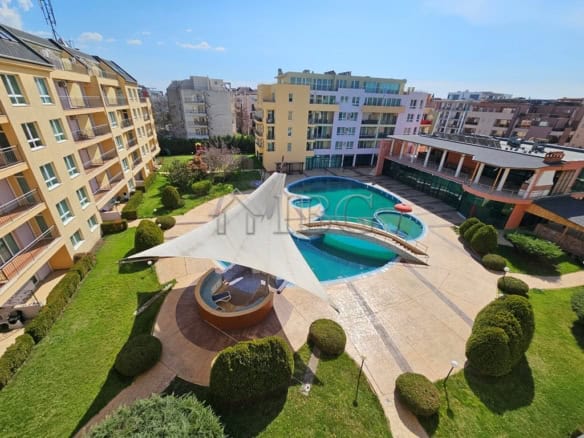 Bright studio apartment with balcony overlooking pool at Pollo Resort, Sunny Beach.
