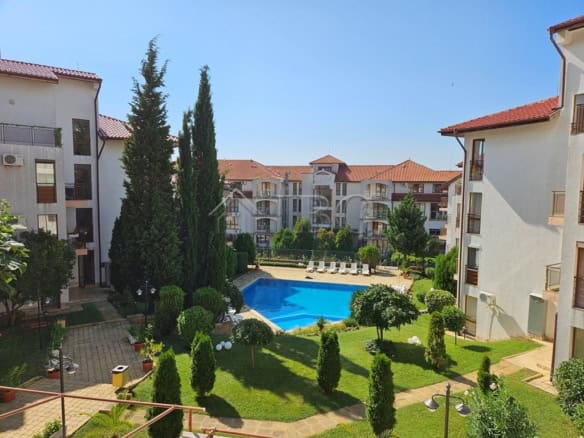 Pool view 1-bedroom apartment for sale in Complex Compass, Sveti Vlas, Dinevi Resort with lush garde.