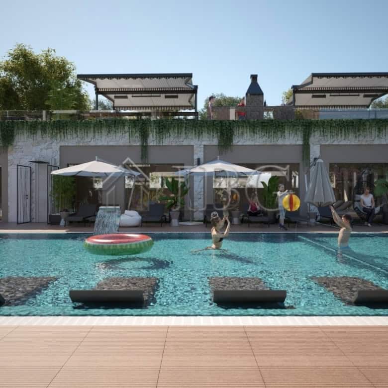 Modern poolside area at a luxury apartment complex in Sunny Beach.