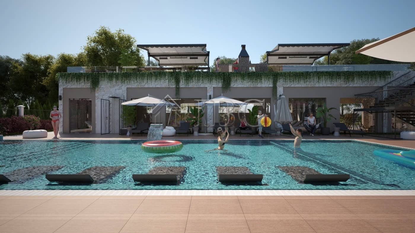 Modern poolside area at a luxury apartment complex in Sunny Beach.