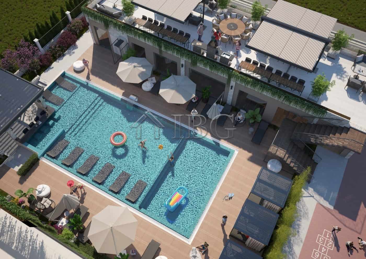 Luxurious one-bedroom apartment with a private pool and sunbathing area in Sunny Beach.