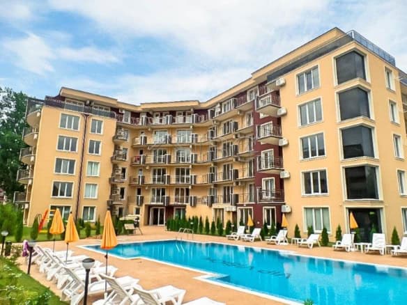 Sunny Beach studio apartment with pool view for sale.