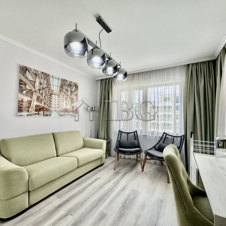 Bright living room with sea and pool views in Valencia Gardens, Nessebar.