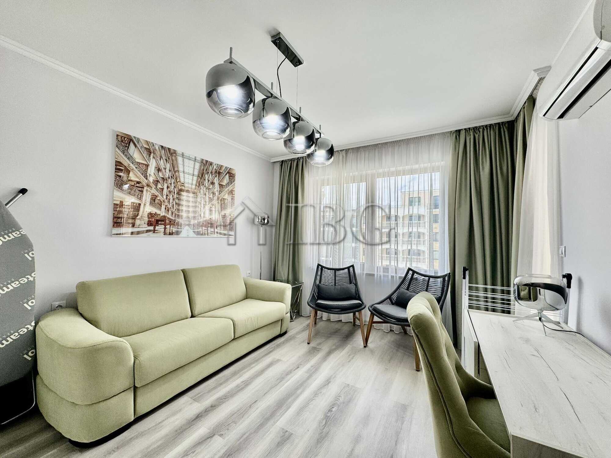 Bright living room with sea and pool views in Valencia Gardens, Nessebar.