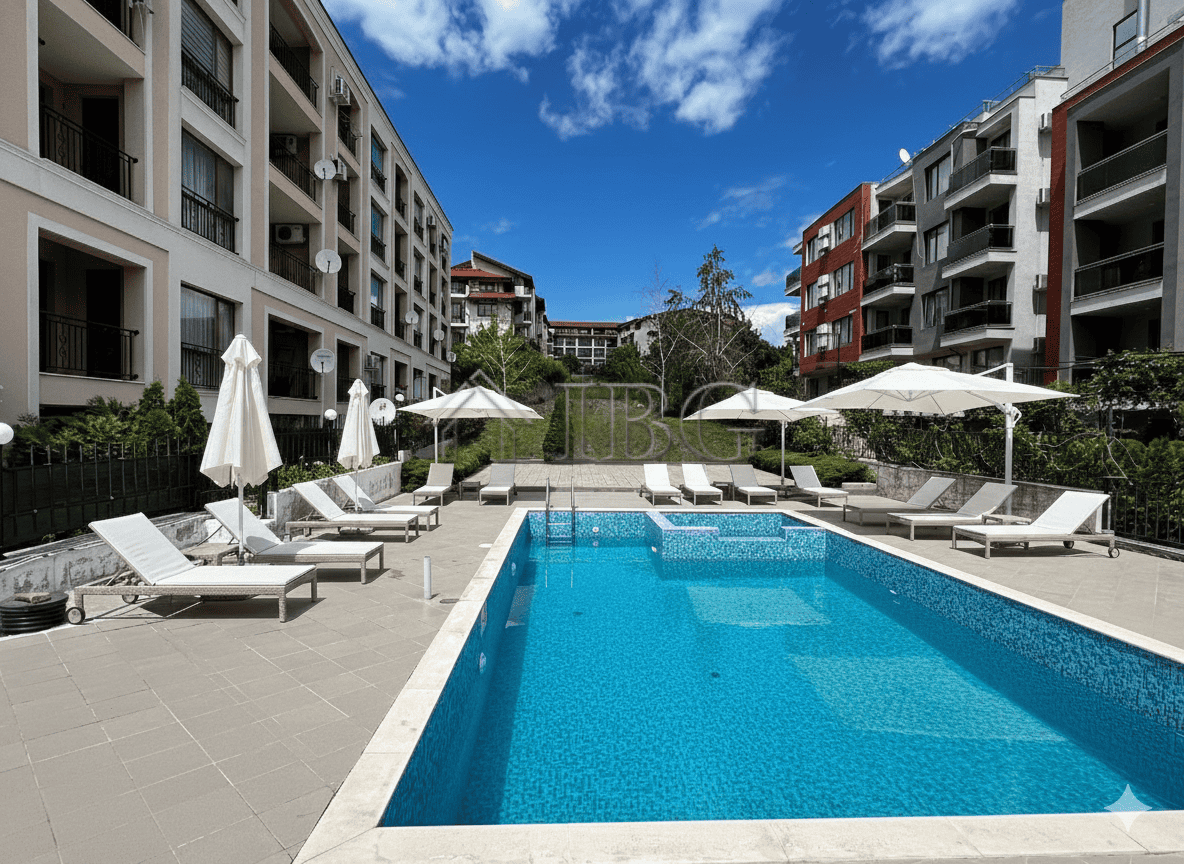 Bright outdoor pool area at Villa Yurta with sun loungers and umbrellas in Sveti Vlas.