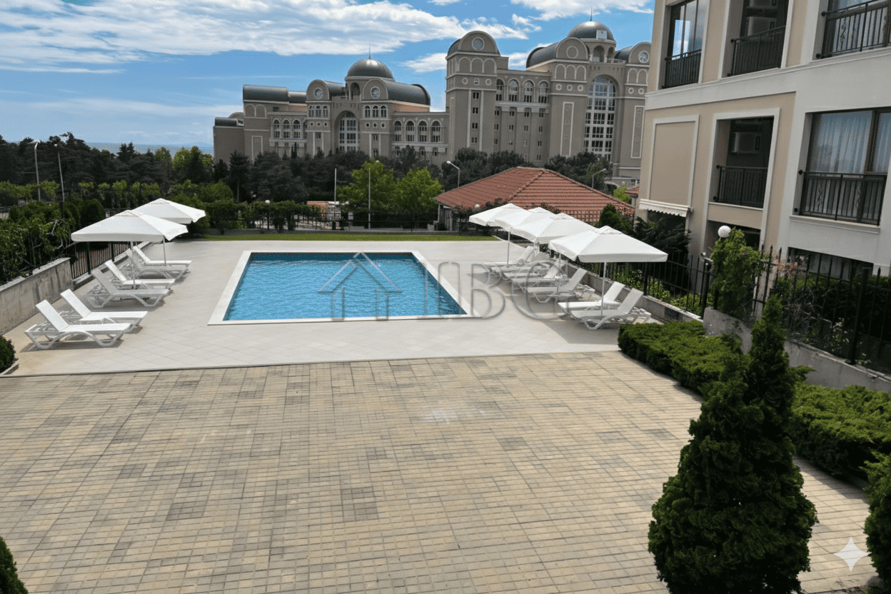 Bright studio apartment with balcony overlooking the pool area in Sveti Vlas.