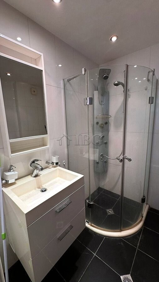 Compact bathroom featuring a glass shower cabin and modern sink in Sveti Vlas apartment.