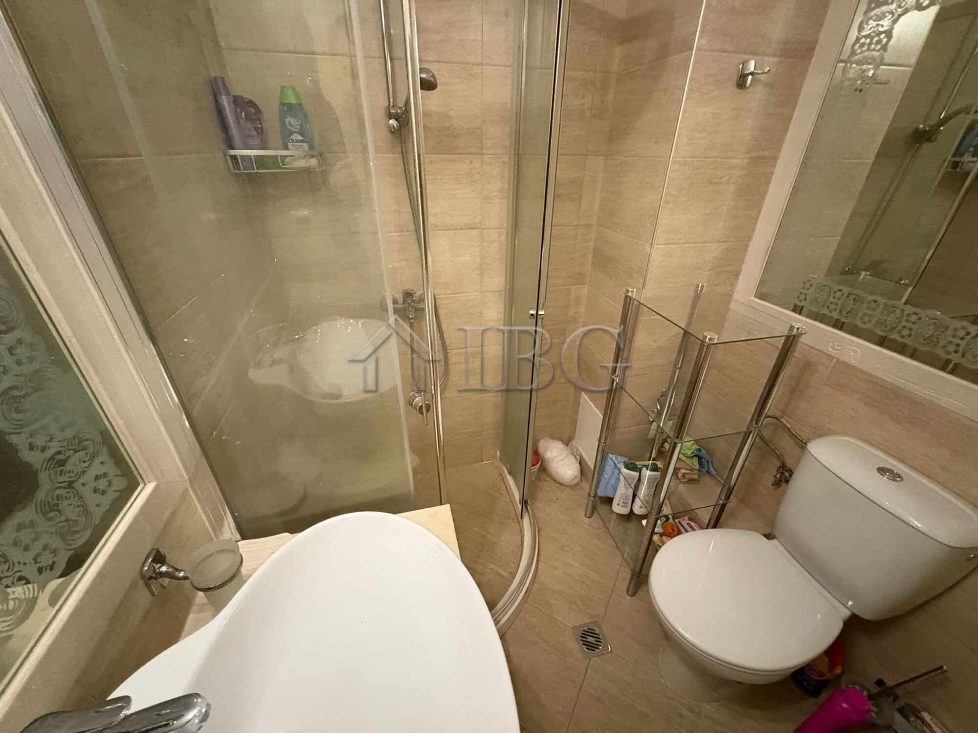 Bathroom with shower, toilet, and storage shelves in a sunny apartment.