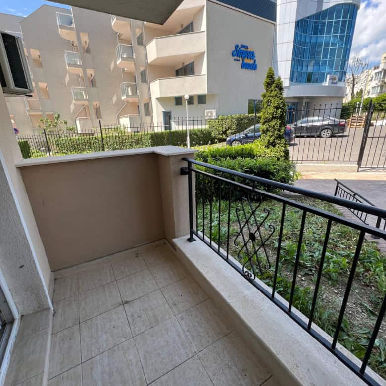 Balcony view of modern residential complex in Saint Vlas near Ipanema Beach.
