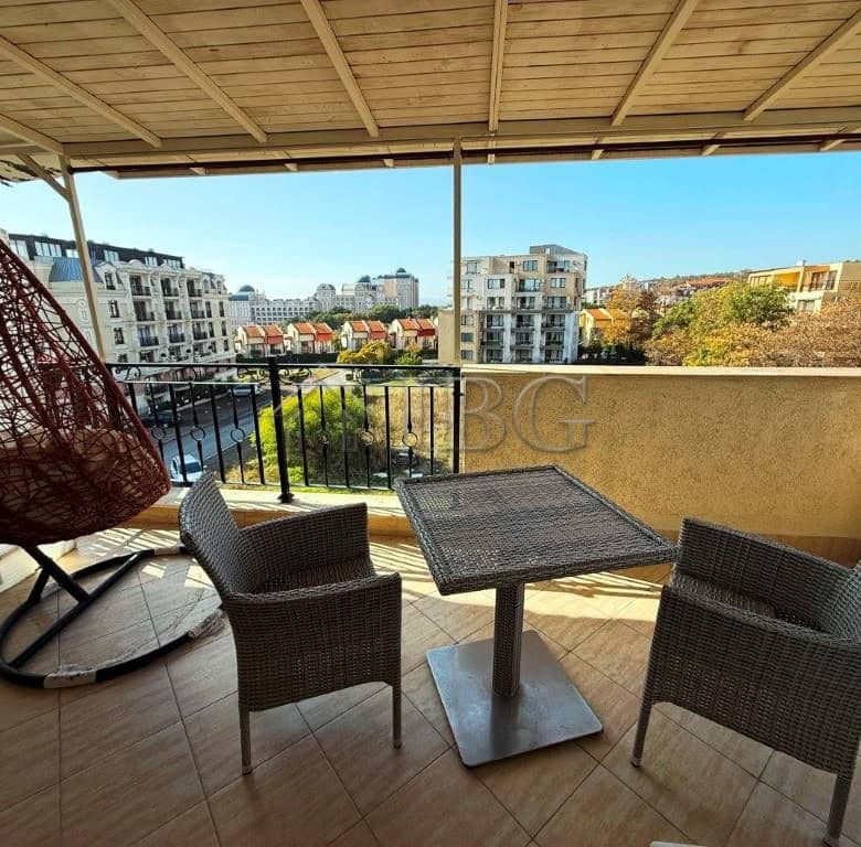 Balcony view of South Bay with outdoor seating and swing chair in Sveti Vlas.