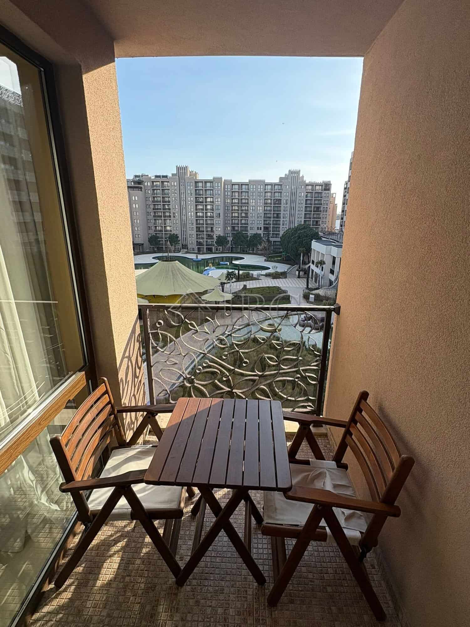Spacious Studio with Pool View Pool view from a balcony in Sunny Beach, Bulgaria.