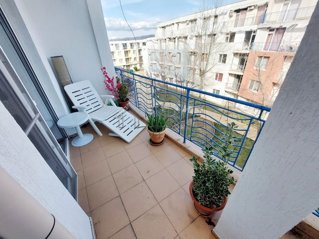 Balcony of a 3-bedroom maisonette apartment in Sunny Day 3 Complex, Sunny Beach, showcasing outdoor.