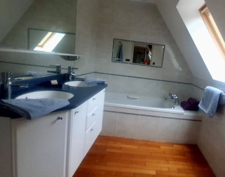Bright bathroom with bathtub and skylight window.