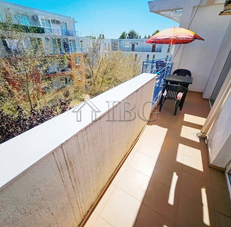 Balcony of a 2-bedroom maisonette apartment in Sunny Day 3, Sunny Beach, with outdoor furniture and.