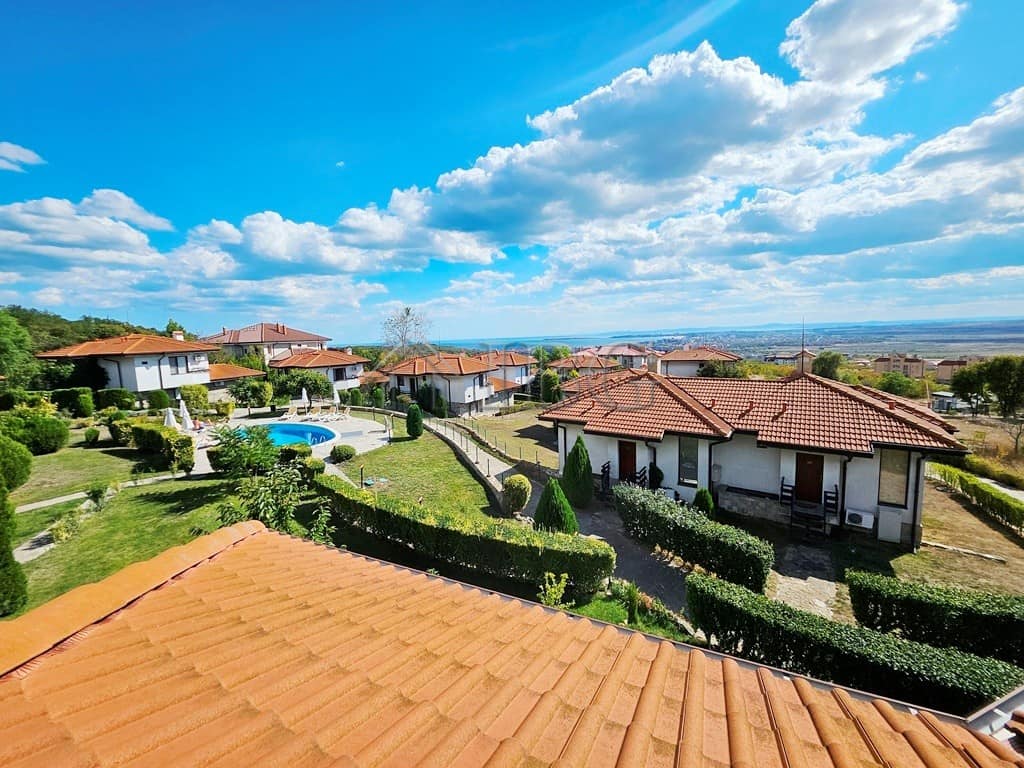 Beautiful view of Bay View Villas with lush gardens and swimming pools in Sunny Beach, Bulgaria.