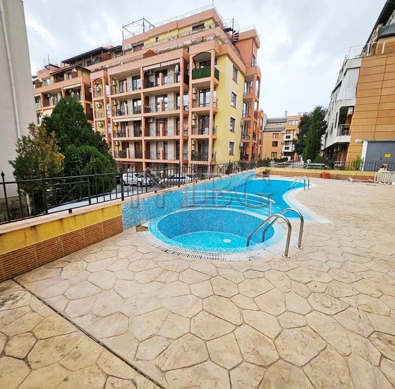 Pool view of a 1-bedroom apartment in Sveti Vlas, Bulgaria.