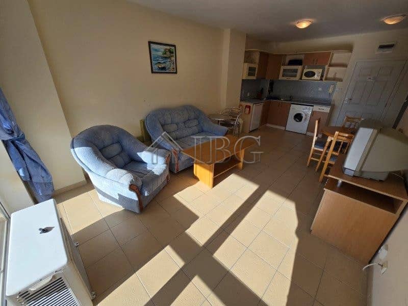 Interior view of a 1-bedroom apartment with pool view in Sea Dreams Complex, Sunny Beach.