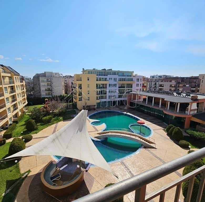 Bright studio with balcony overlooking pool at Pollo Resort, Sunny Beach.