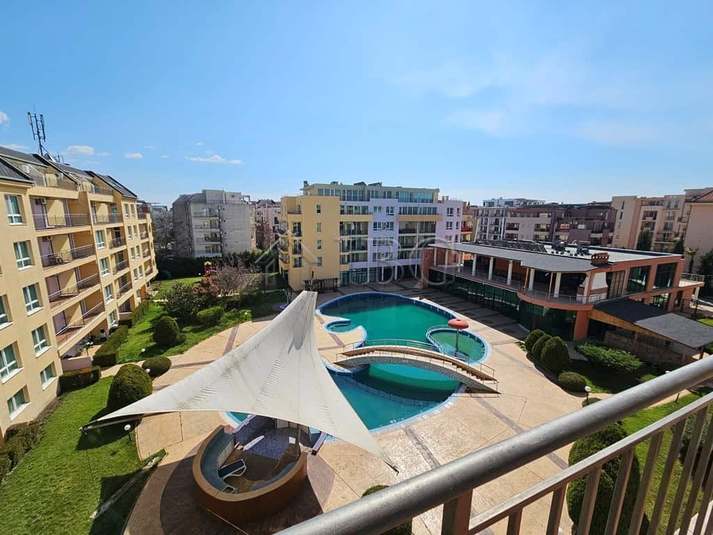 Bright studio with balcony overlooking pool at Pollo Resort, Sunny Beach.