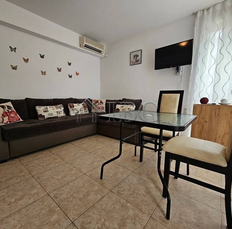 Bright living room with butterfly wall decor and modern furniture in Sveti Vlas apartment.