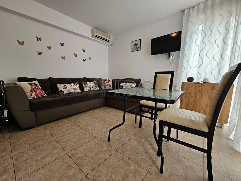 Bright living room with butterfly wall decor and modern furniture in Sveti Vlas apartment.